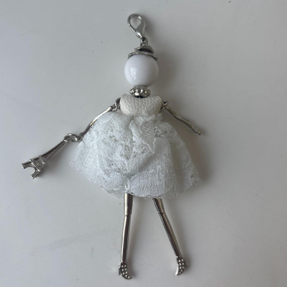 Paris Fashion Doll Keychain Bag Charm White Lace Dress Eiffel Tower Pendant 4"